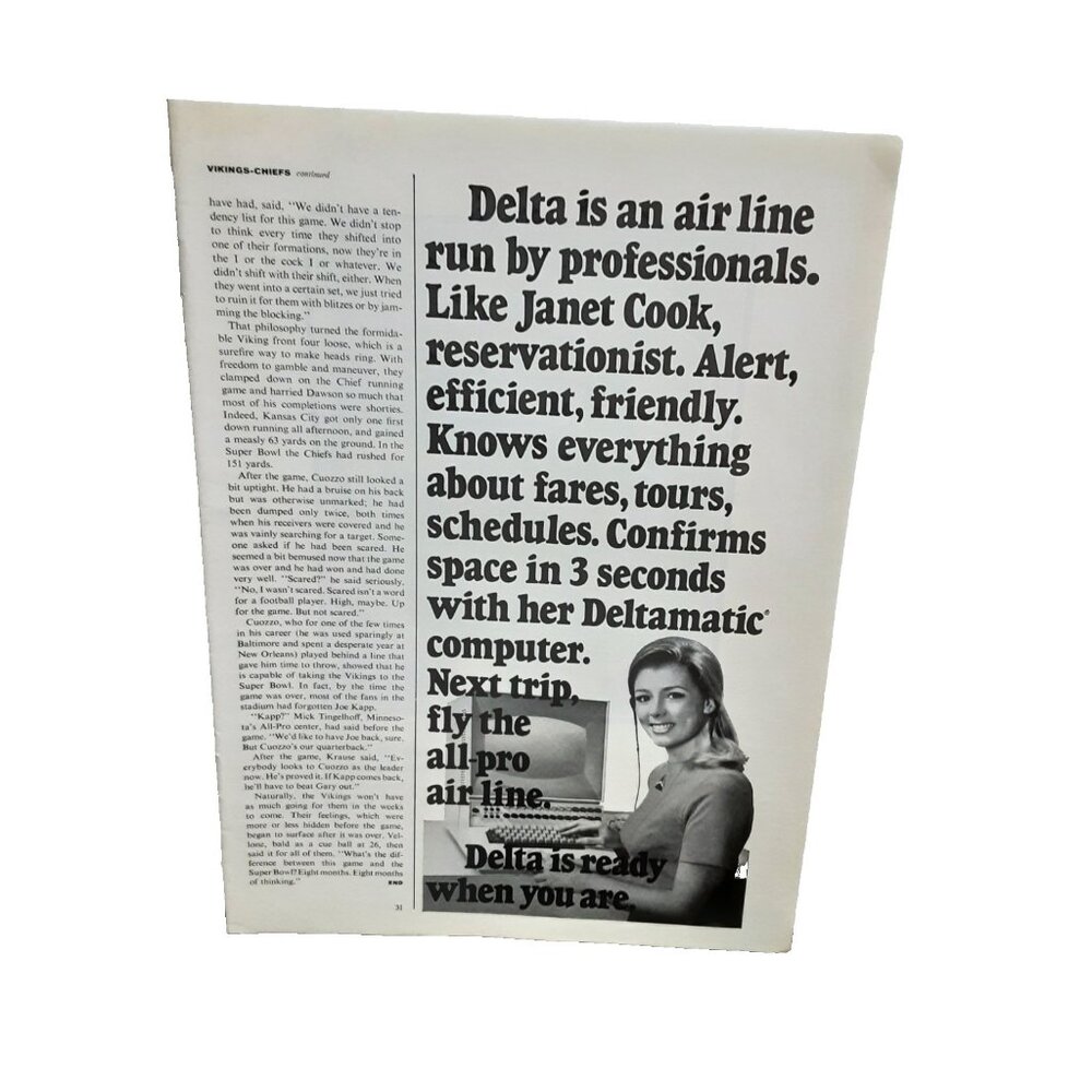 1970 Delta Airlines Vintage Print Ad Janet Cook Deltamatic Computer Reservation
